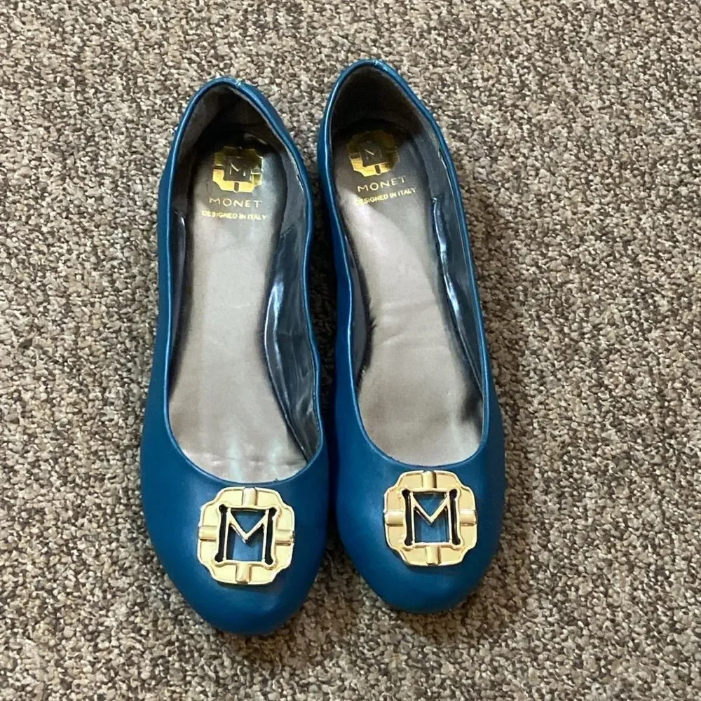 Monet Since 1929 Leather Upper Elegant Teal Flats with Gold Accent Women Sz 10 M